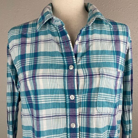 American Eagle Outfitters Blue Plaid Button Down Shirt Size S EUC - Picture 2 of 6